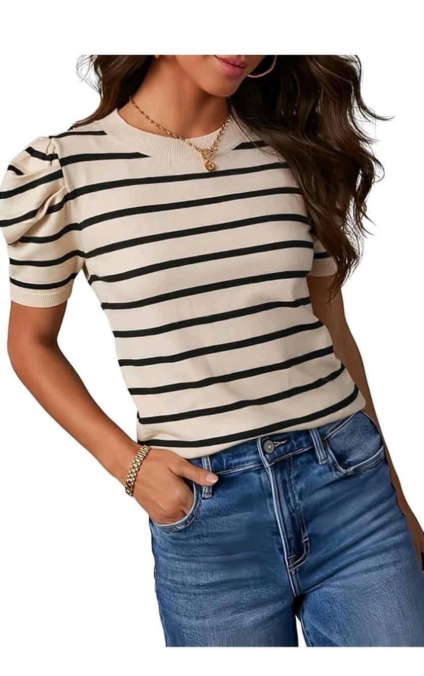 Women's Short Puff Sleeve Knit Tops 2024 Trendy Crewneck Striped Size L